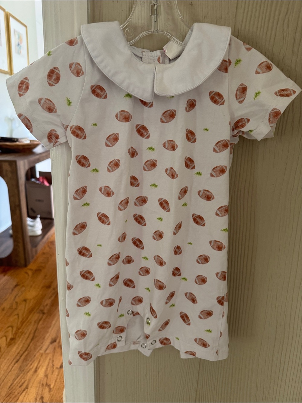 Stitchy Fish “Collegiate” White Football-Print Romper